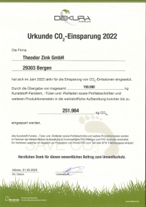 DEKURA-Urkunde CO2-Einsparung 2022