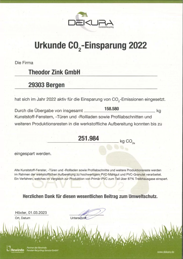 DEKURA-Urkunde CO2-Einsparung 2022