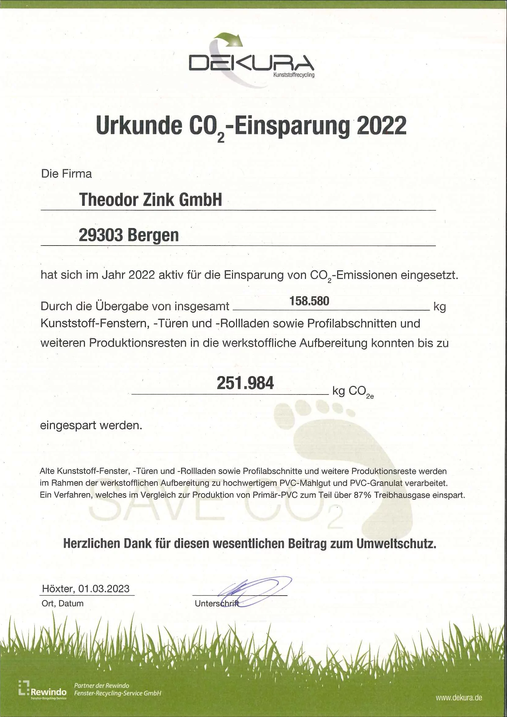 DEKURA-Urkunde CO2-Einsparung 2022