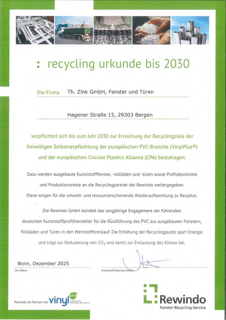 Rewindo Recycling Urkunde bis 2030