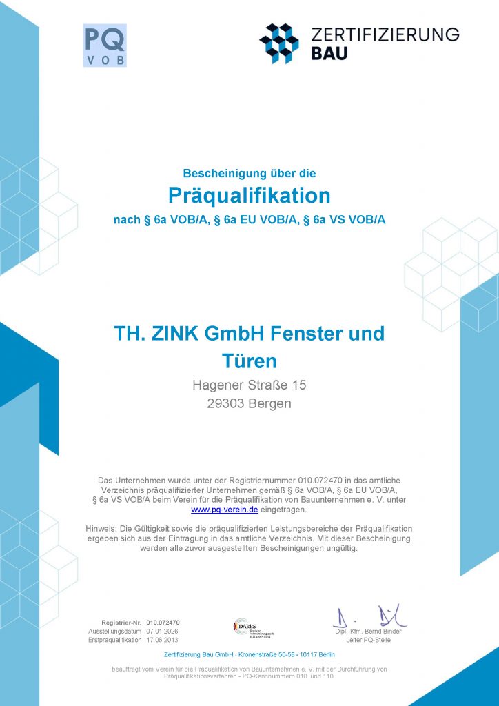 Bescheinigung über die Präqualifikation